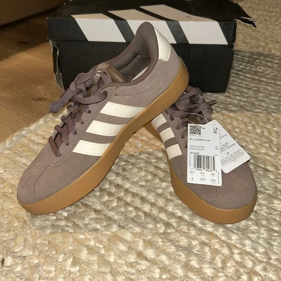 adidas VL Court 3.0 Suede Sneakers in Taupe and Gum - Picture 1 of 7